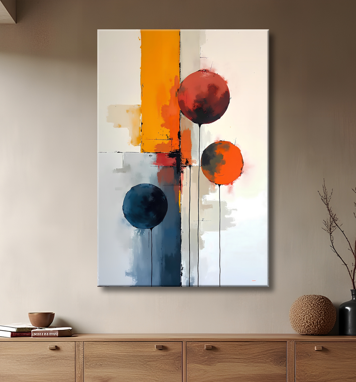 Tableau abstrait géométrique minimaliste aux teintes claires avec decor