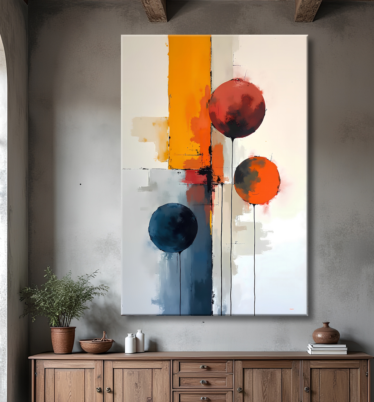 Tableau abstrait géométrique minimaliste aux teintes claires avec decor
