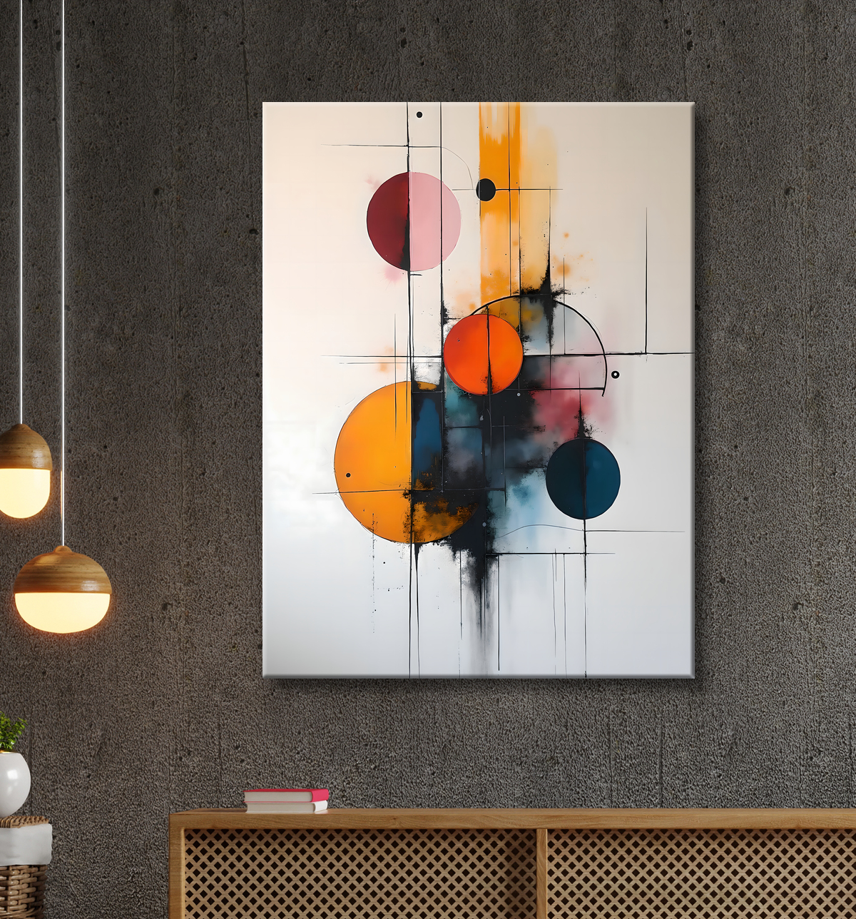 Tableau abstrait géométrique minimaliste aux teintes claires avec decor