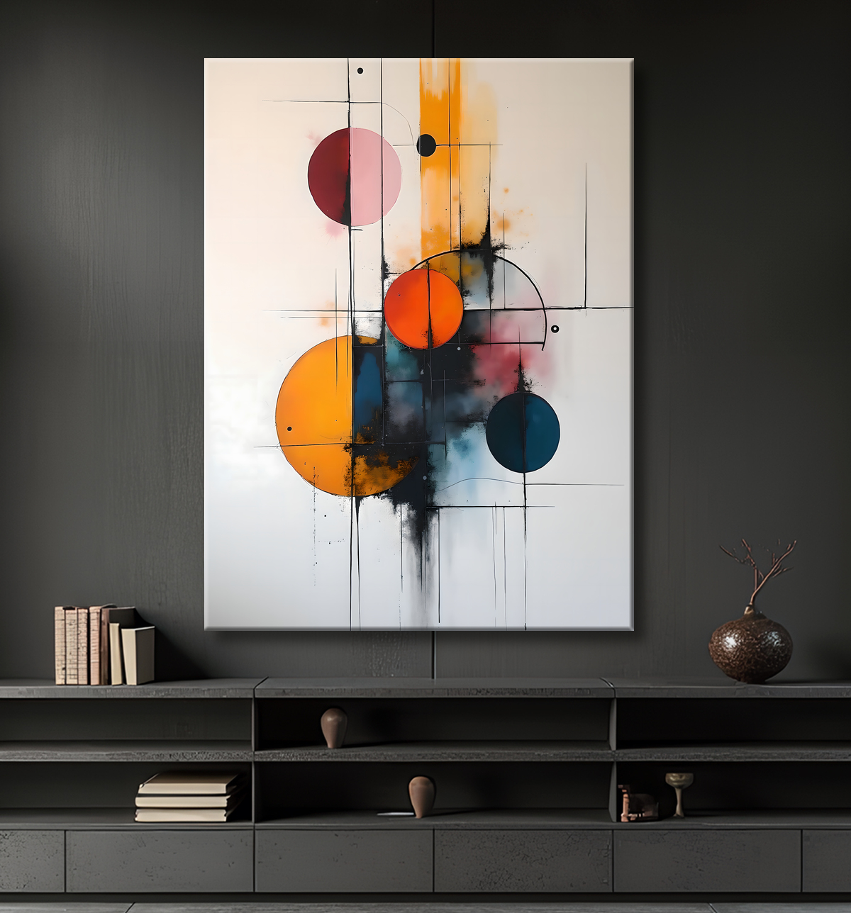 Tableau abstrait géométrique minimaliste aux teintes claires avec decor