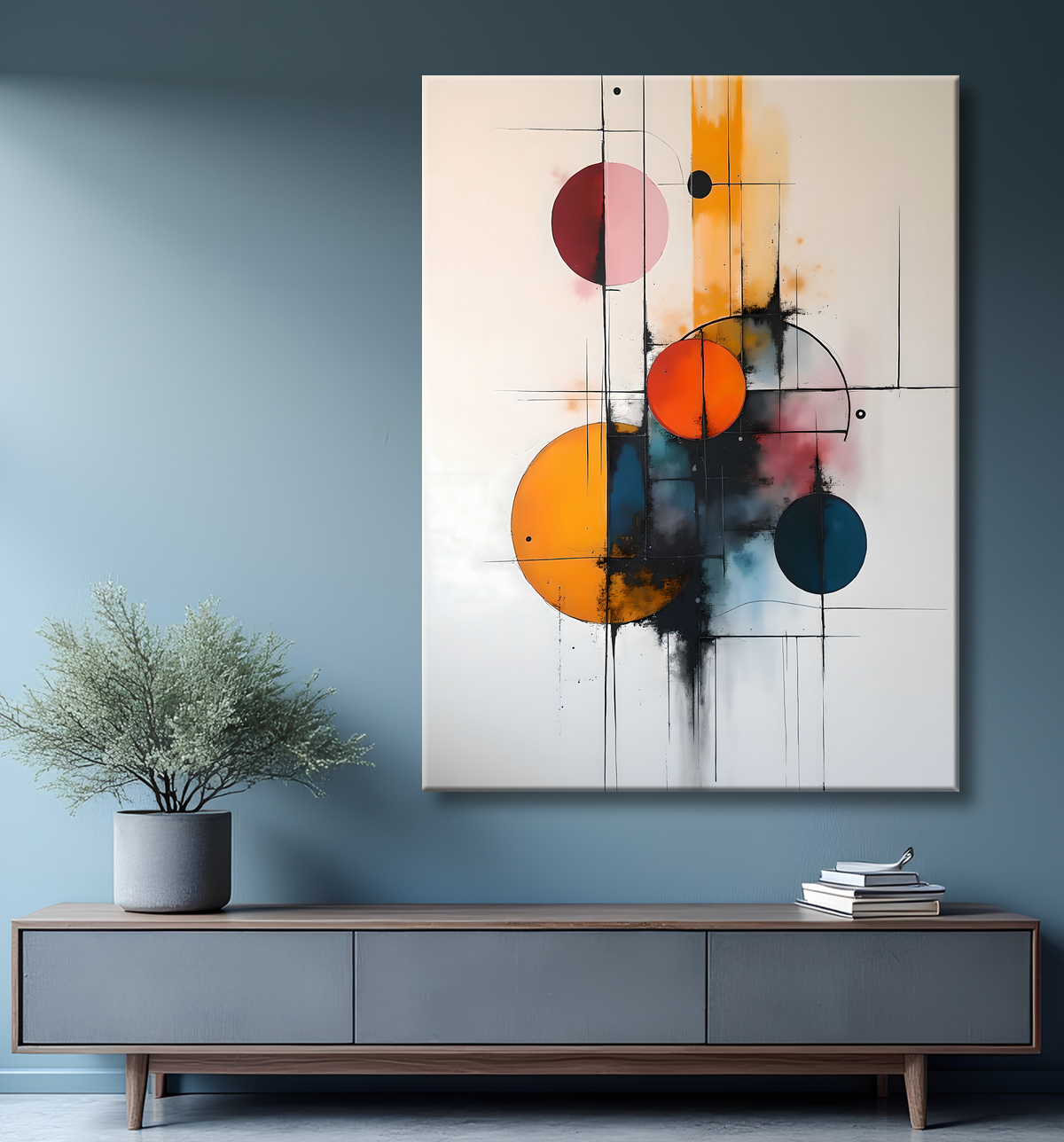 Tableau abstrait géométrique minimaliste aux teintes claires avec decor