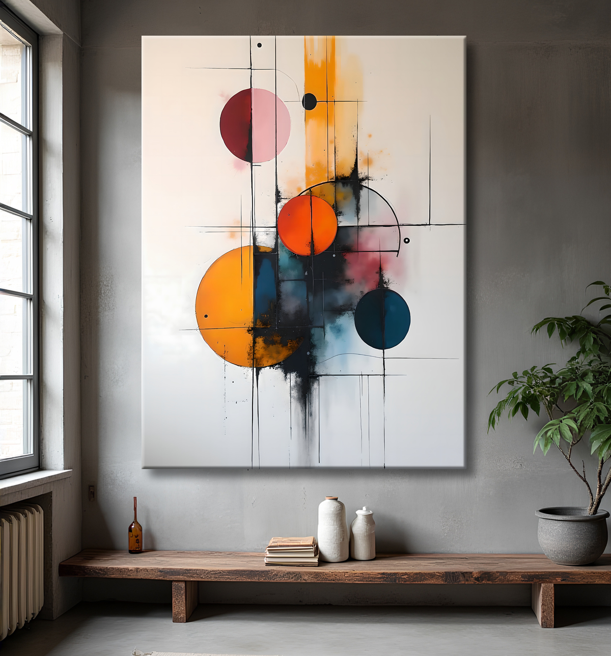 Tableau abstrait géométrique minimaliste aux teintes claires avec decor