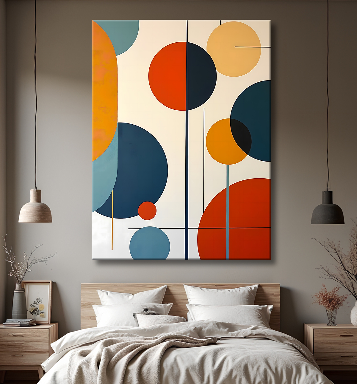 Tableau abstrait géométrique minimaliste aux teintes claires avec decor