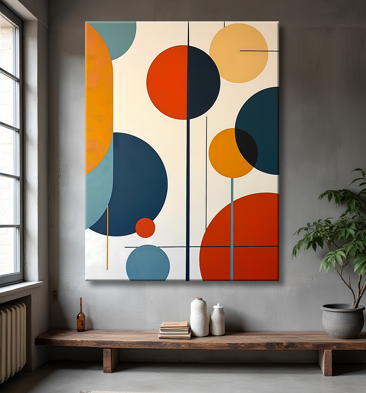 Tableau abstrait géométrique minimaliste aux teintes claires avec decor
