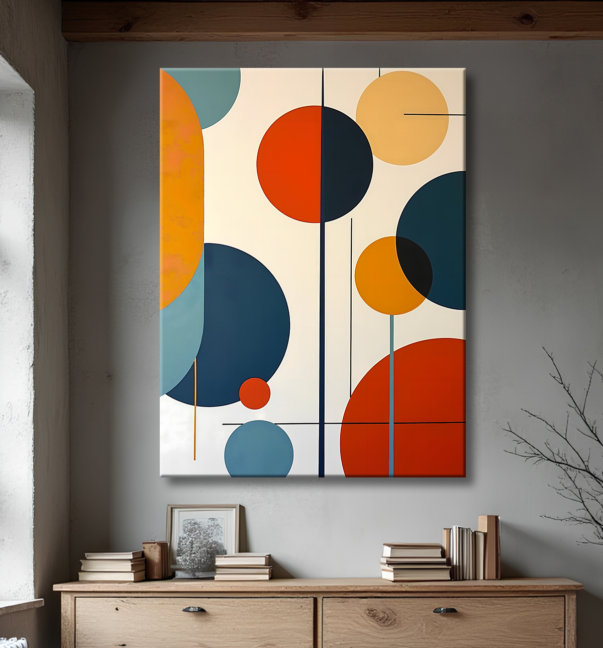 Tableau abstrait géométrique minimaliste aux teintes claires avec decor