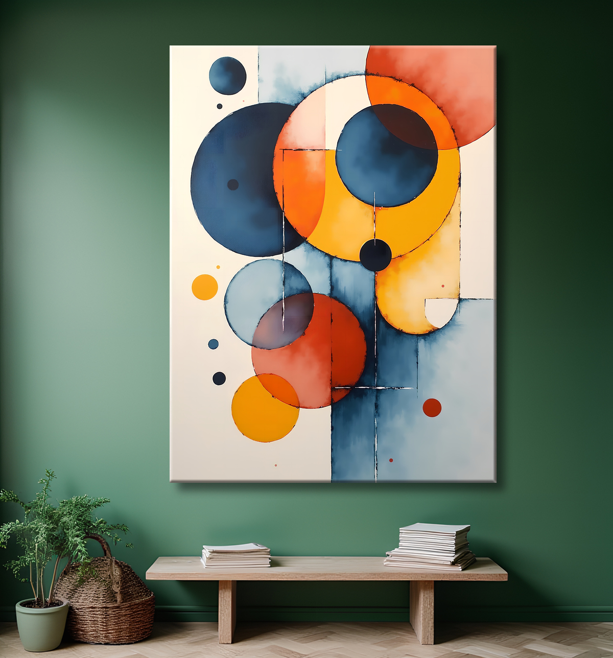 Tableau abstrait géométrique minimaliste aux teintes claires avec decor