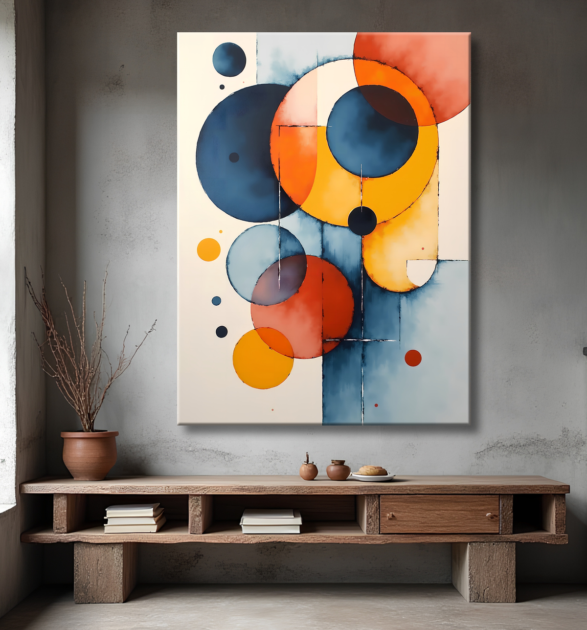 Tableau abstrait géométrique minimaliste aux teintes claires avec decor