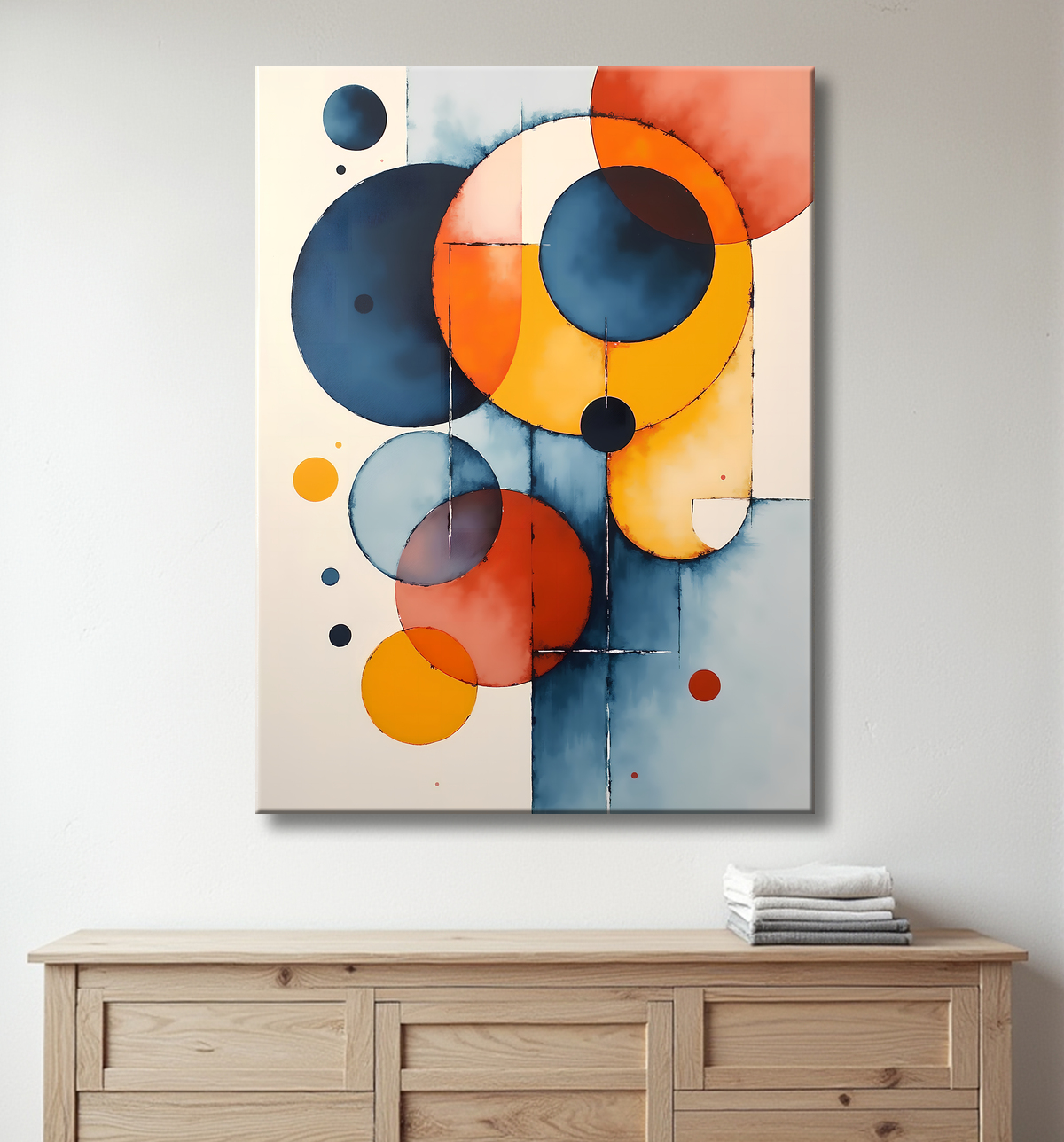 Tableau abstrait géométrique minimaliste aux teintes claires avec decor
