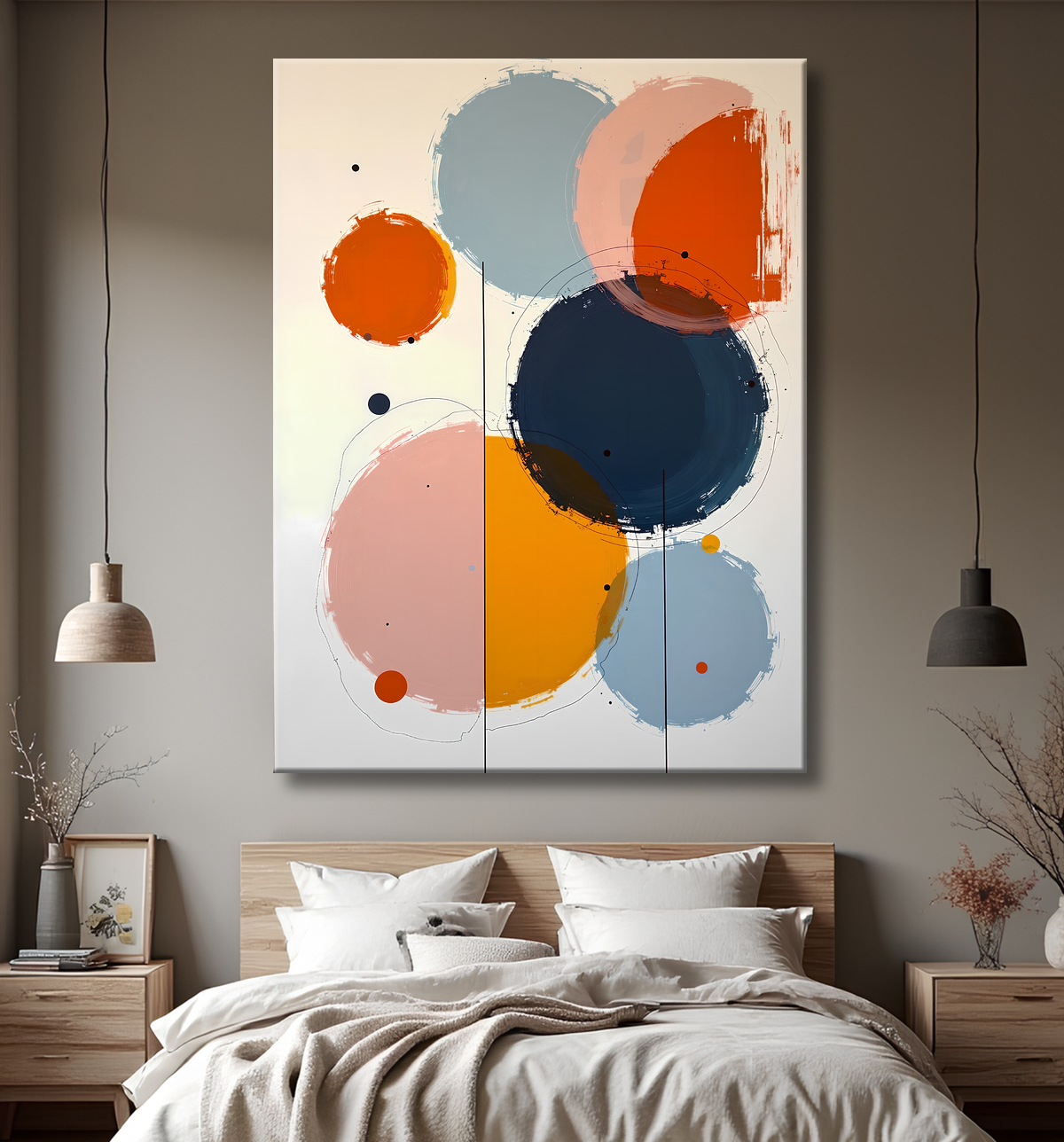 Tableau abstrait géométrique minimaliste aux teintes claires avec decor