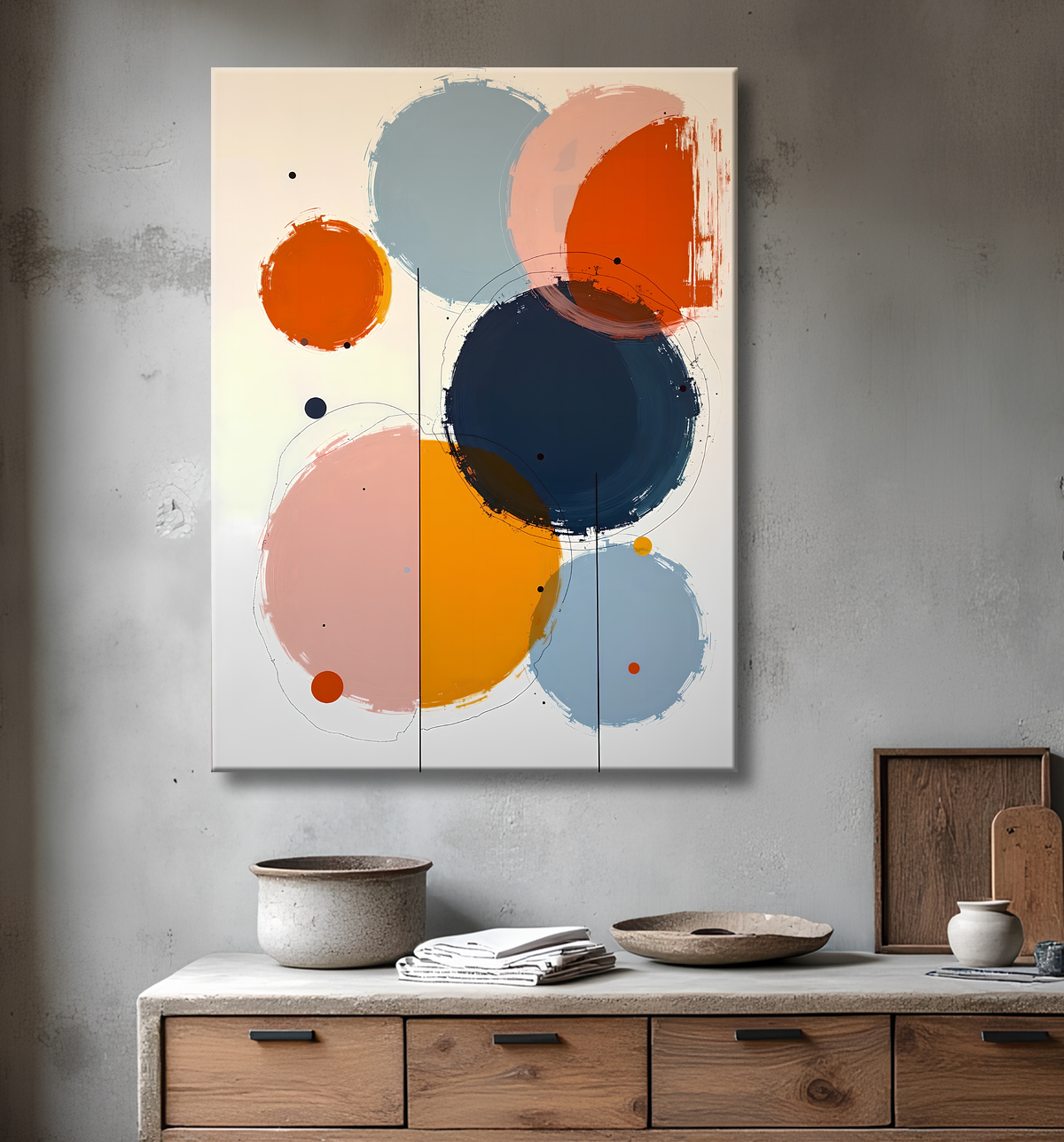 Tableau abstrait géométrique minimaliste aux teintes claires avec decor