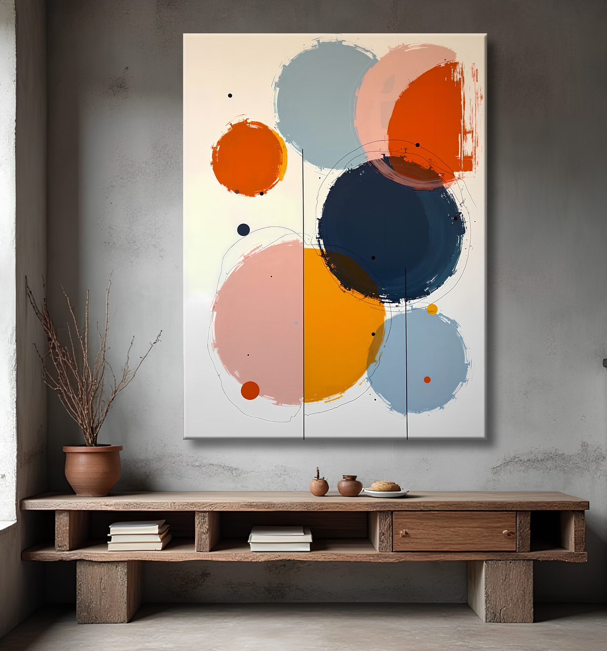 Tableau abstrait géométrique minimaliste aux teintes claires avec decor