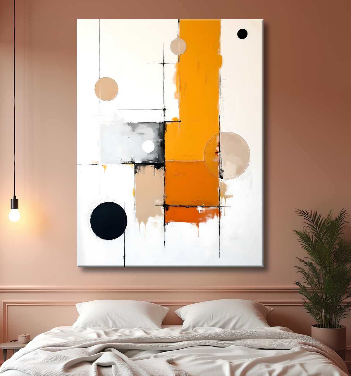 Tableau abstrait géométrique minimaliste aux teintes claires avec decor