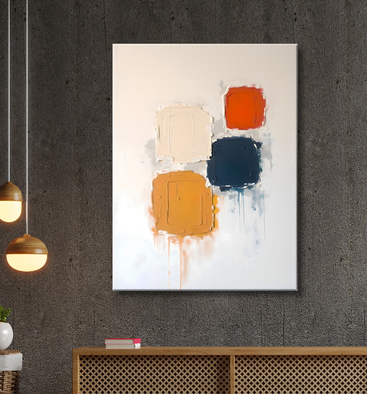 Tableau abstrait géométrique minimaliste aux teintes claires avec decor