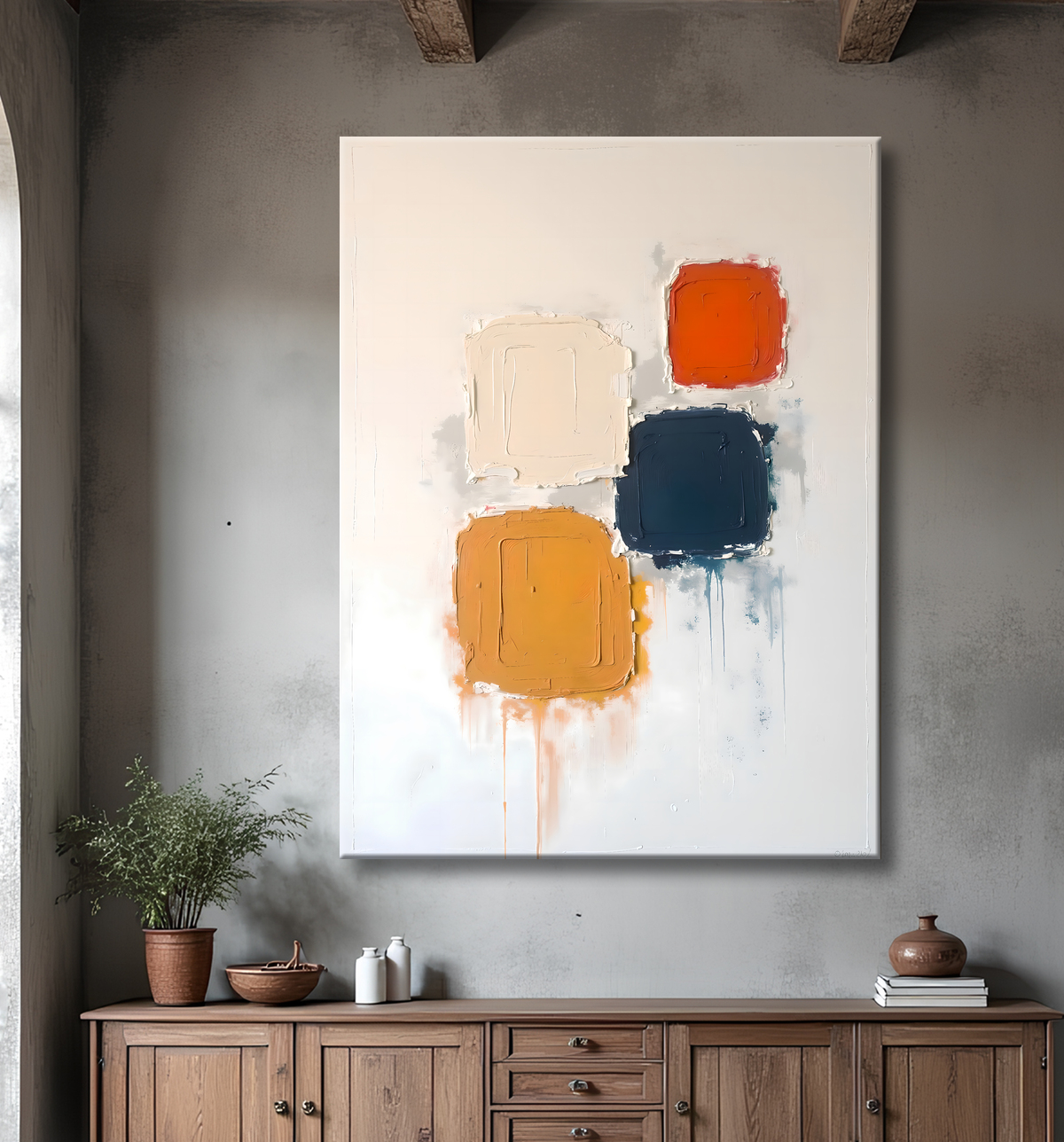 Tableau abstrait géométrique minimaliste aux teintes claires avec decor