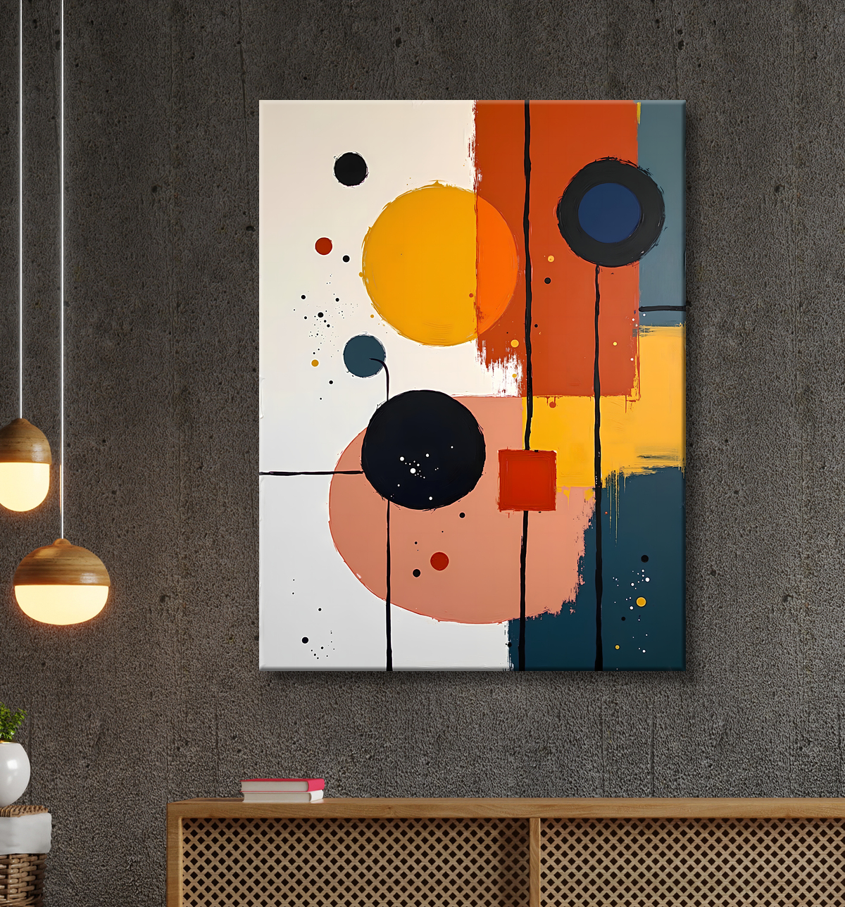 Tableau abstrait géométrique minimaliste aux teintes claires avec decor
