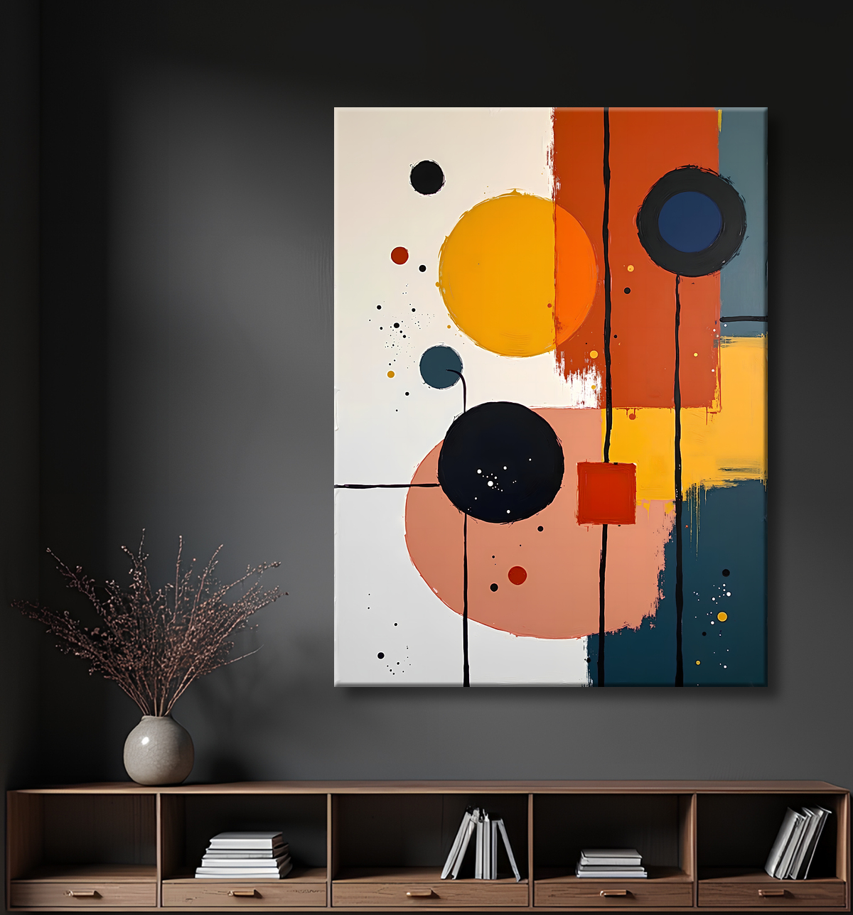 Tableau abstrait géométrique minimaliste aux teintes claires avec decor