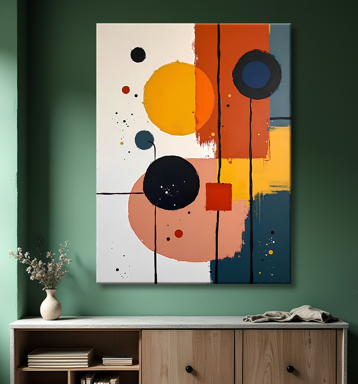 Tableau abstrait géométrique minimaliste aux teintes claires avec decor