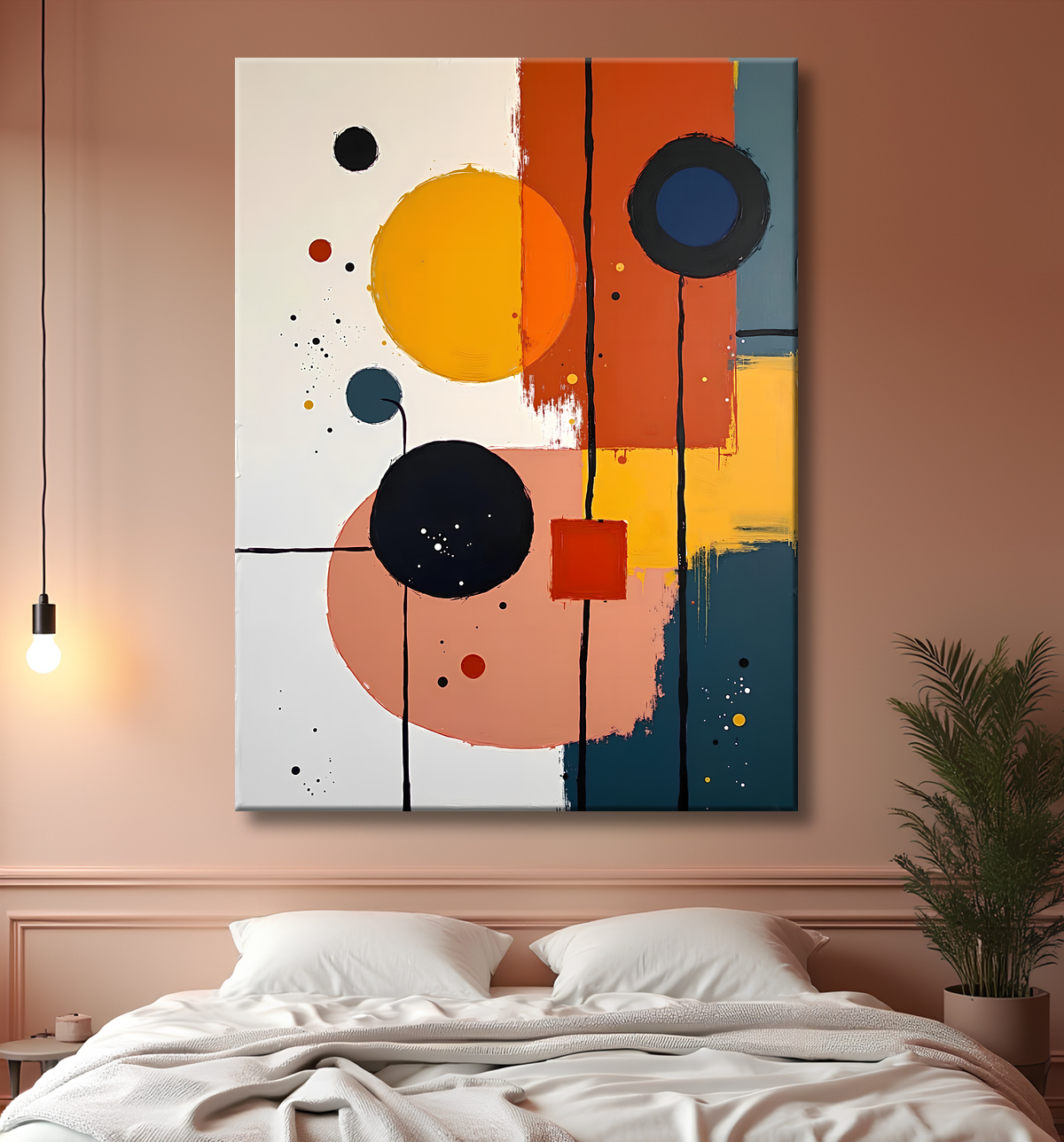 Tableau abstrait géométrique minimaliste aux teintes claires avec decor