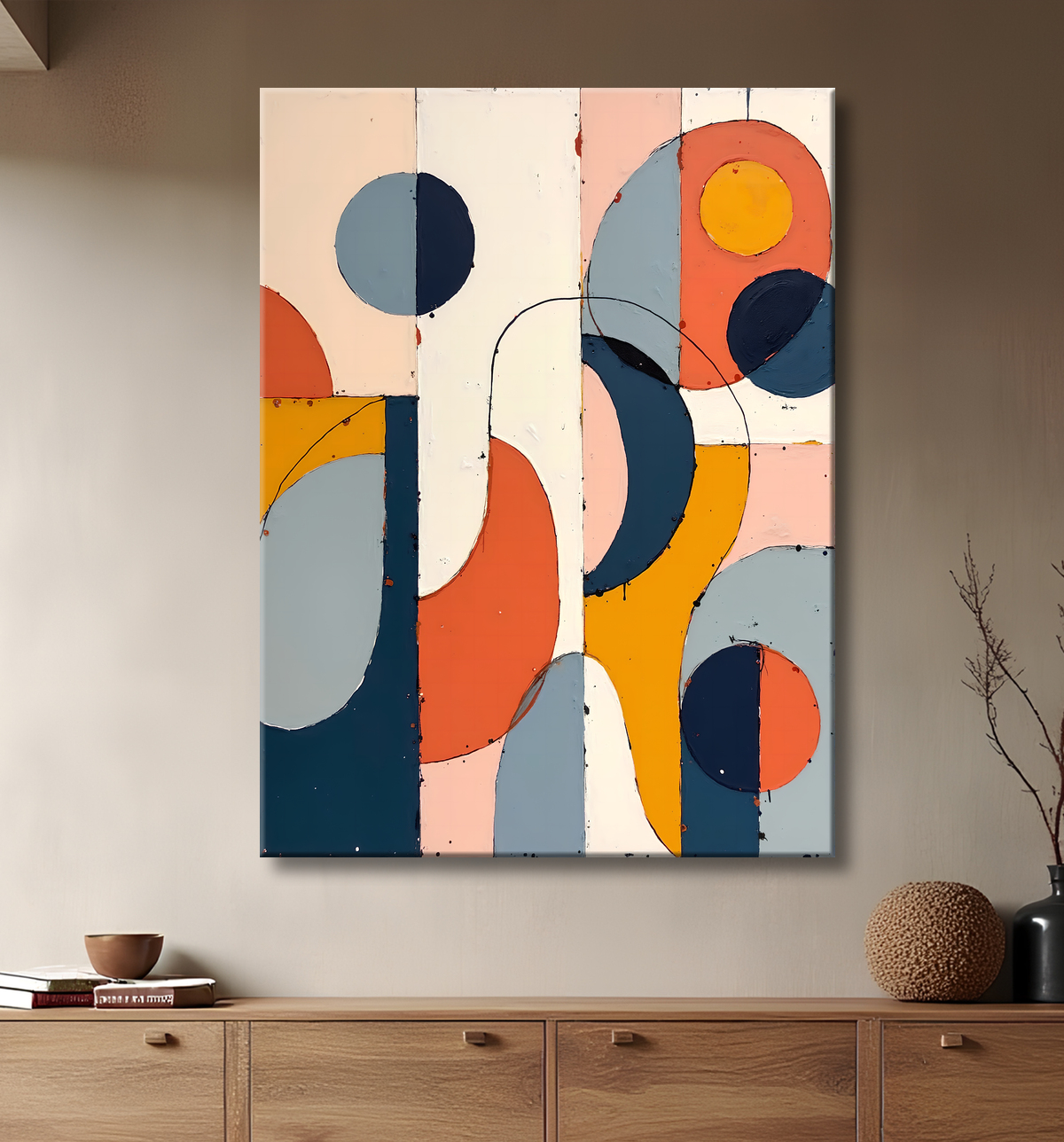 Tableau abstrait géométrique minimaliste aux teintes claires avec decor