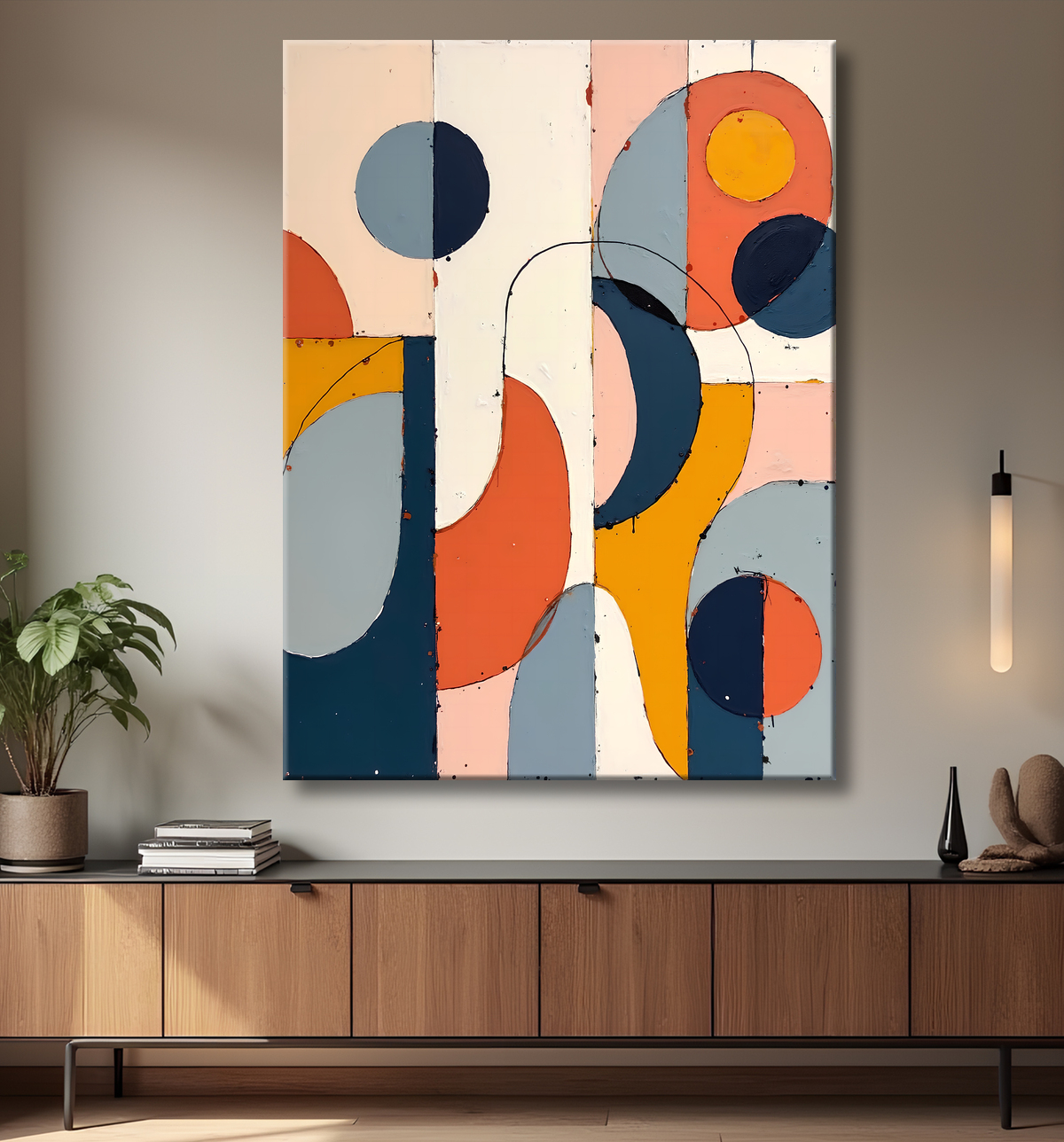 Tableau abstrait géométrique minimaliste aux teintes claires avec decor