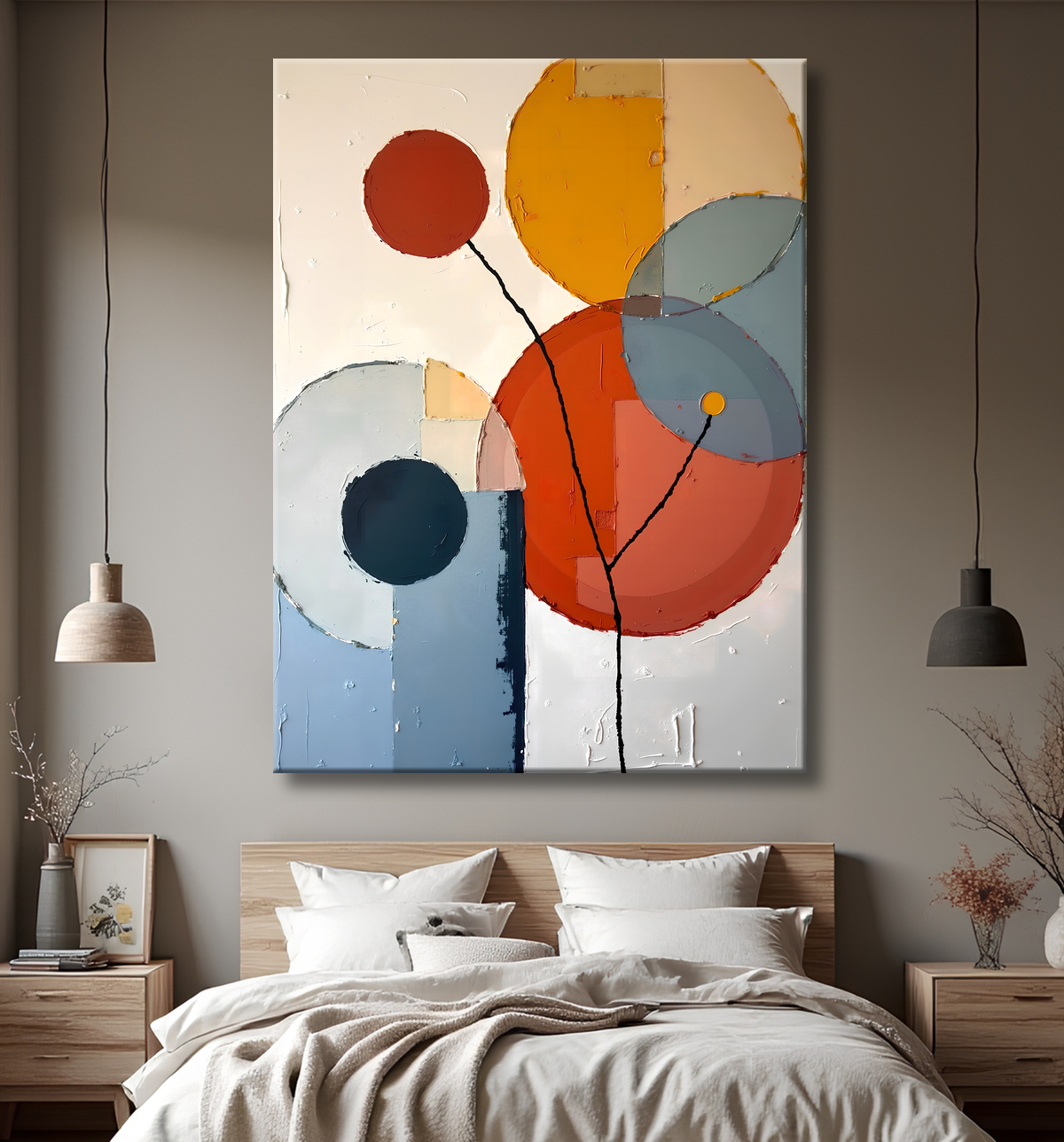 Tableau abstrait géométrique minimaliste aux teintes claires avec decor