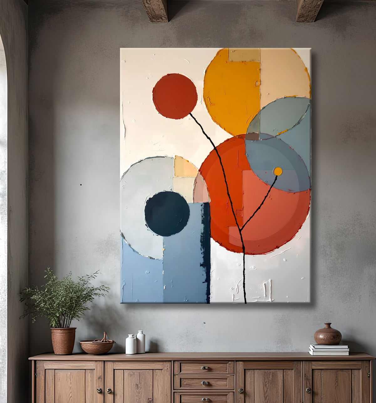 Tableau abstrait géométrique minimaliste aux teintes claires avec decor