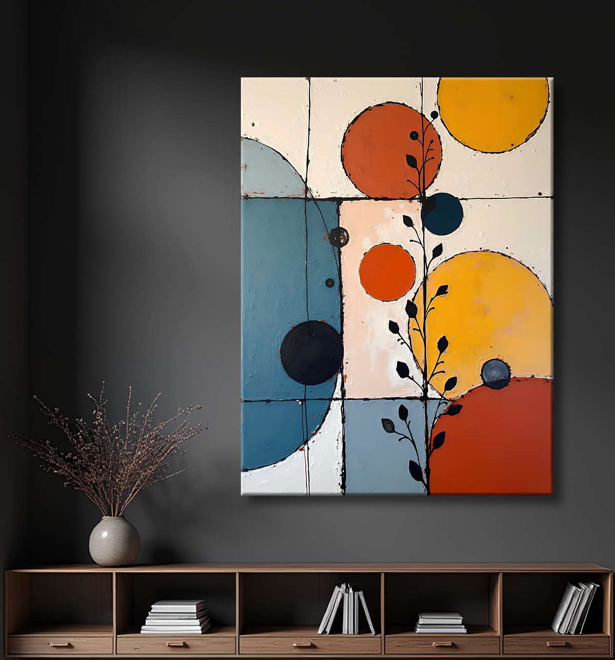 Tableau abstrait géométrique minimaliste aux teintes claires avec decor