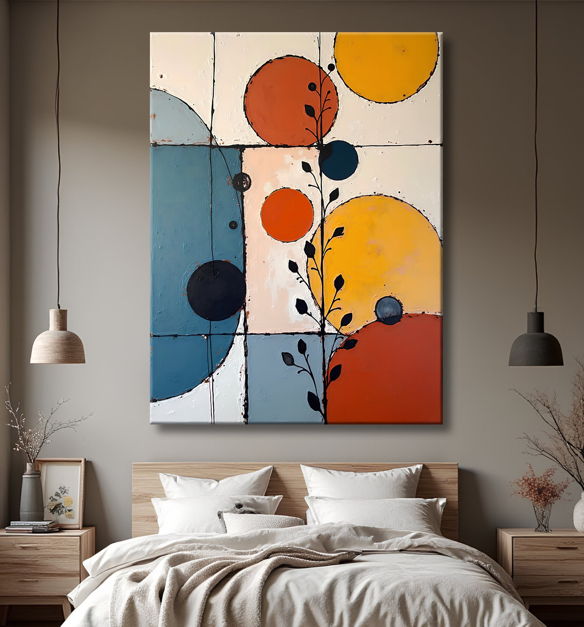 Tableau abstrait géométrique minimaliste aux teintes claires avec decor