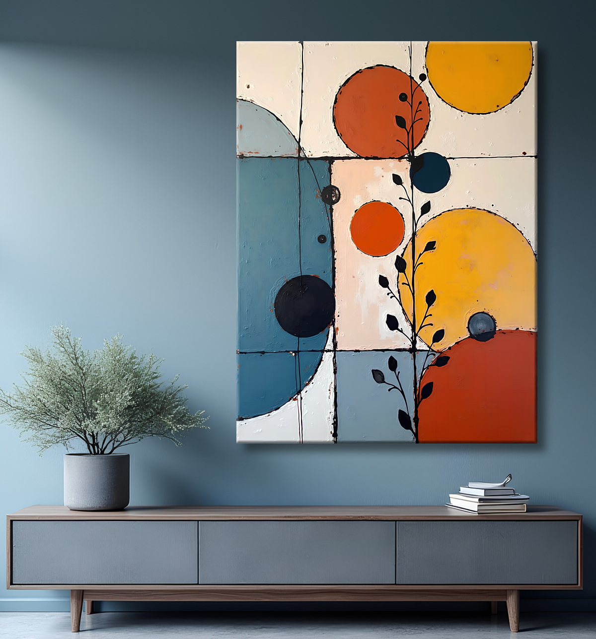 Tableau abstrait géométrique minimaliste aux teintes claires avec decor