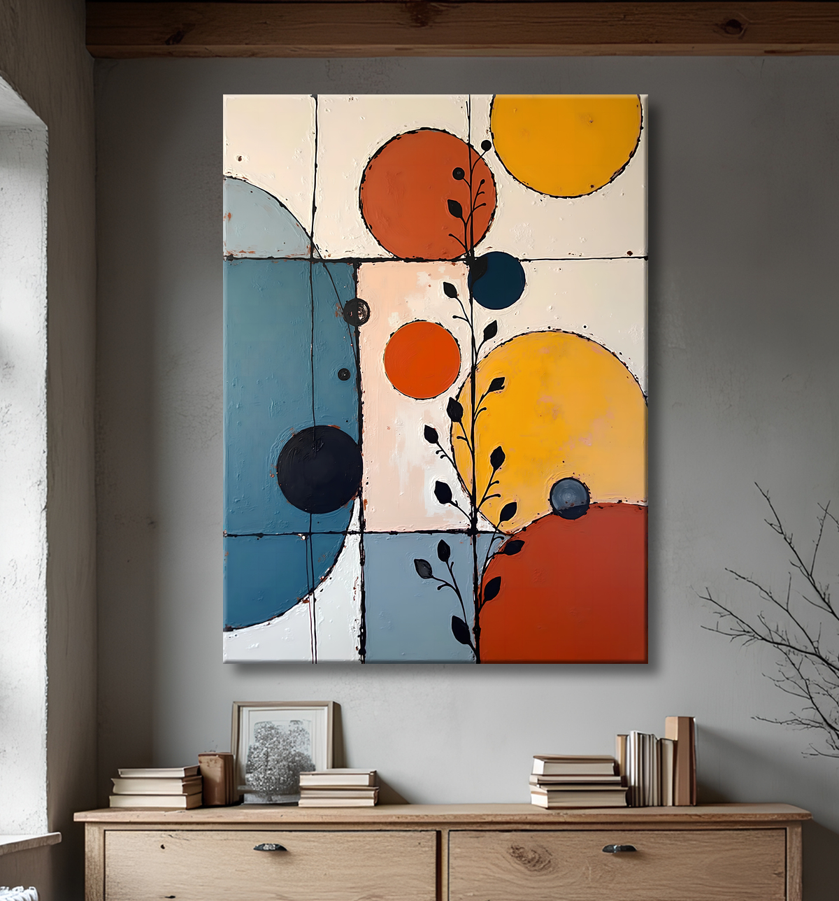 Tableau abstrait géométrique minimaliste aux teintes claires avec decor