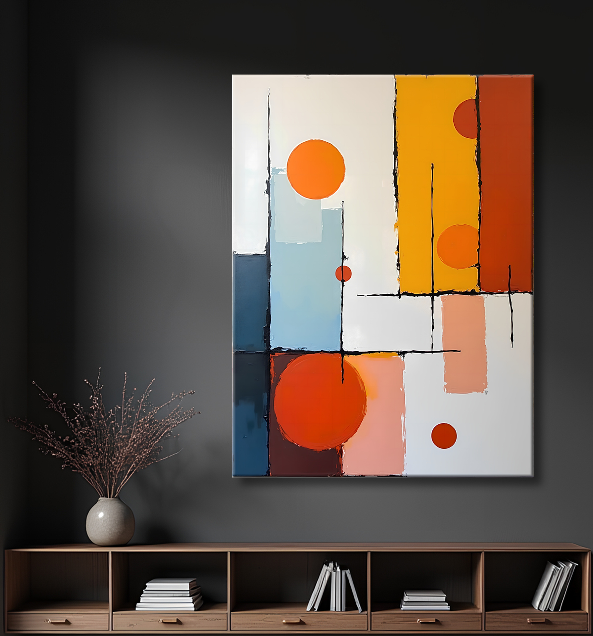 Tableau abstrait géométrique minimaliste aux teintes claires avec decor