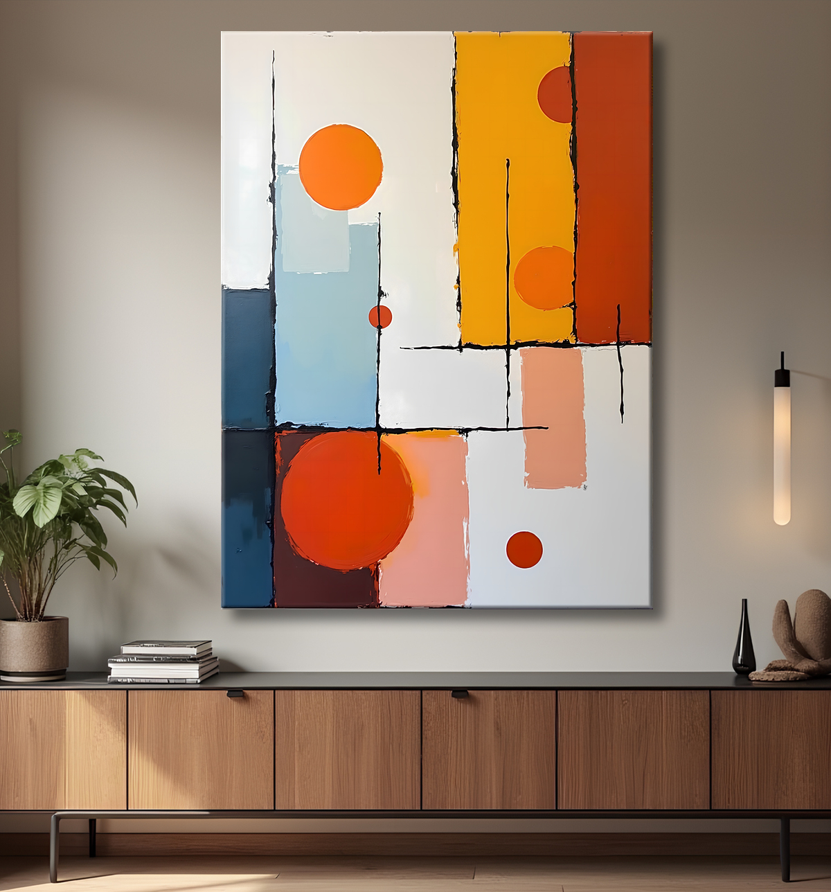 Tableau abstrait géométrique minimaliste aux teintes claires avec decor