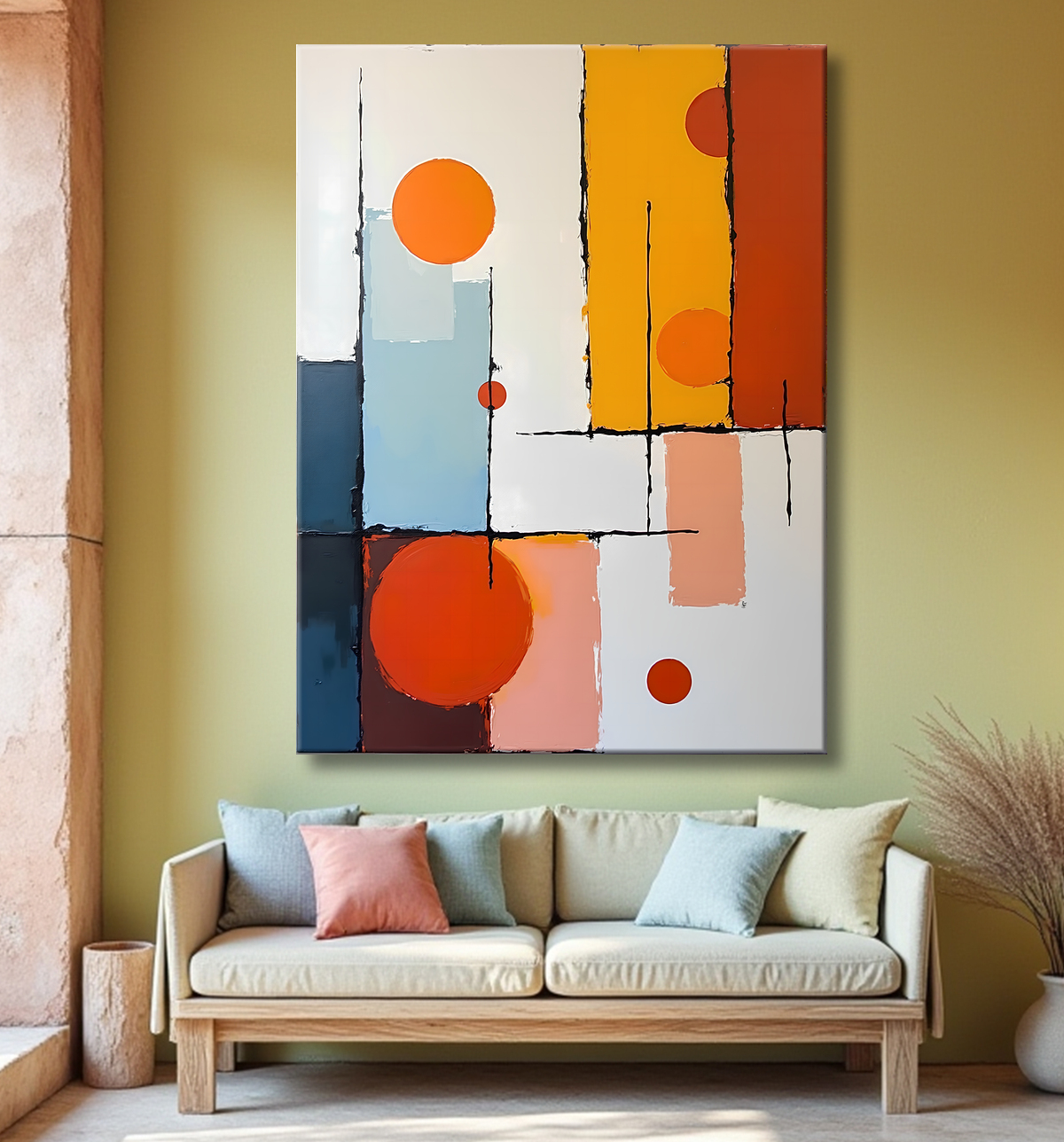 Tableau abstrait géométrique minimaliste aux teintes claires avec decor