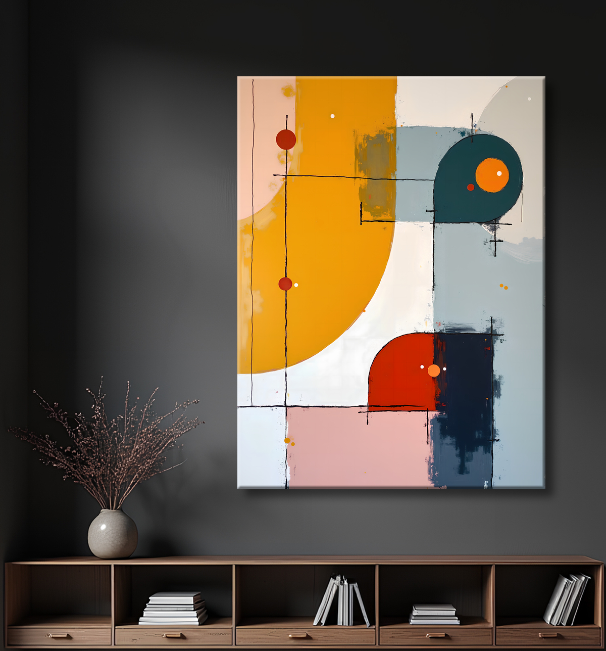 Tableau abstrait géométrique minimaliste aux teintes claires avec decor