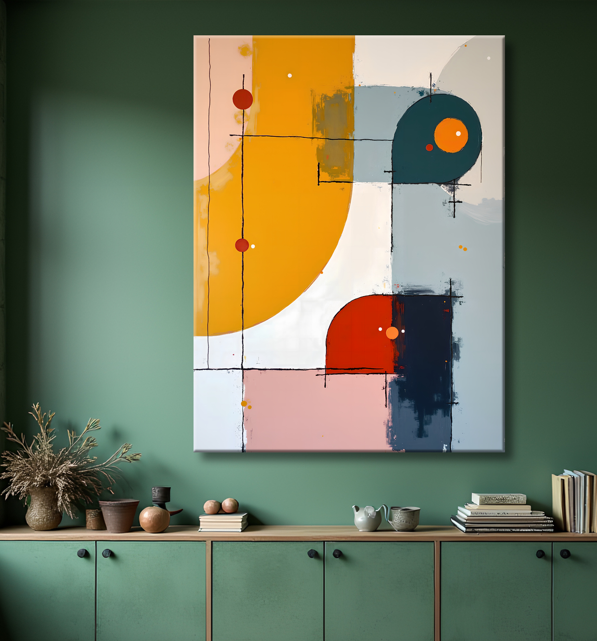Tableau abstrait géométrique minimaliste aux teintes claires avec decor