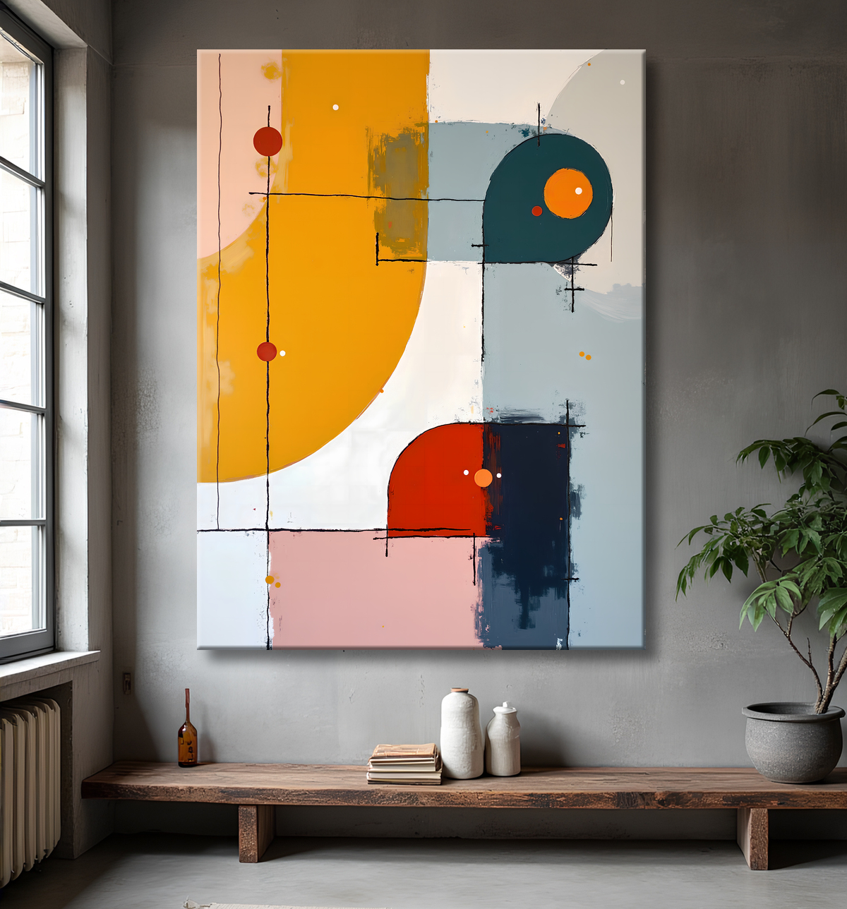 Tableau abstrait géométrique minimaliste aux teintes claires avec decor