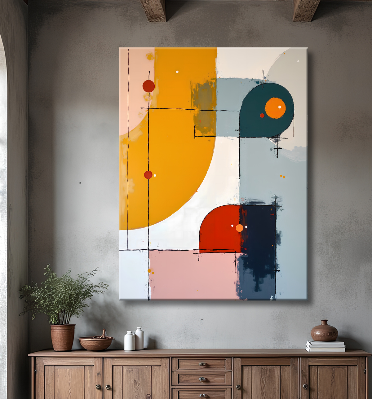 Tableau abstrait géométrique minimaliste aux teintes claires avec decor