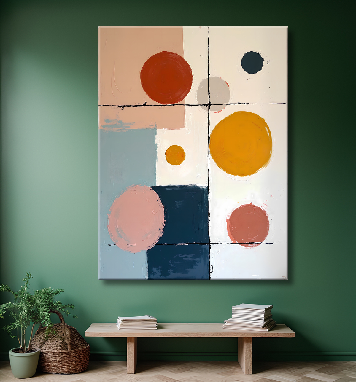 Tableau abstrait géométrique minimaliste aux teintes claires avec decor