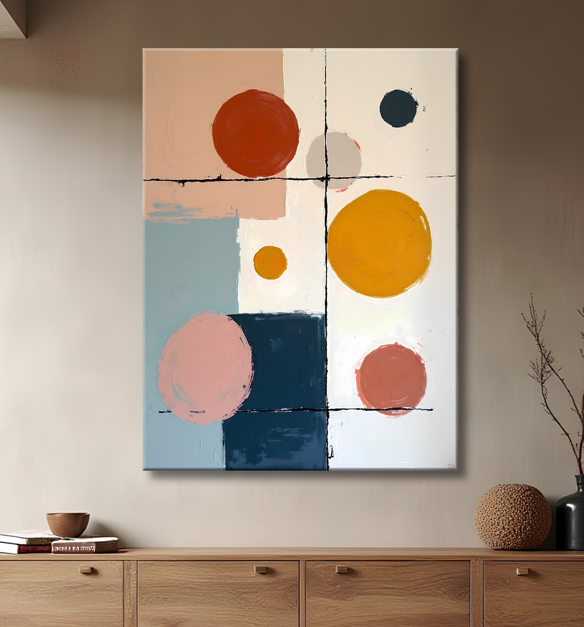Tableau abstrait géométrique minimaliste aux teintes claires avec decor