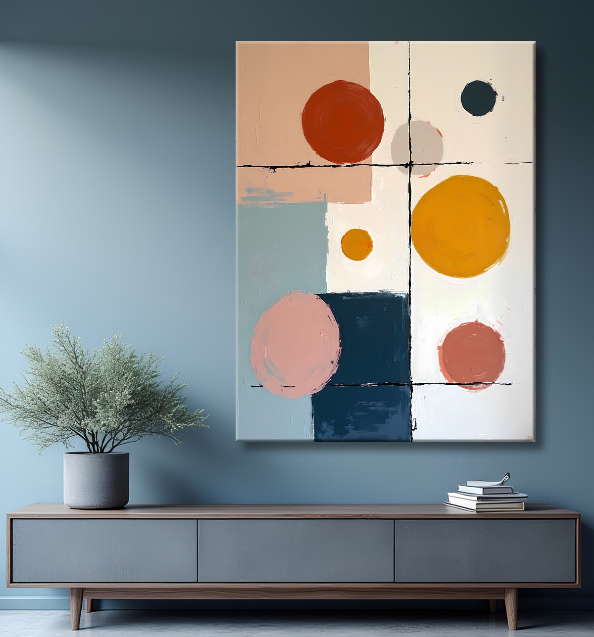 Tableau abstrait géométrique minimaliste aux teintes claires avec decor