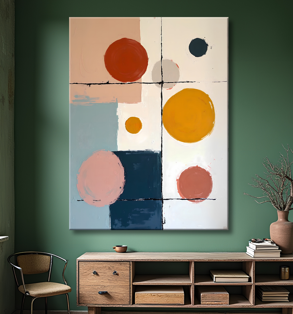 Tableau abstrait géométrique minimaliste aux teintes claires avec decor