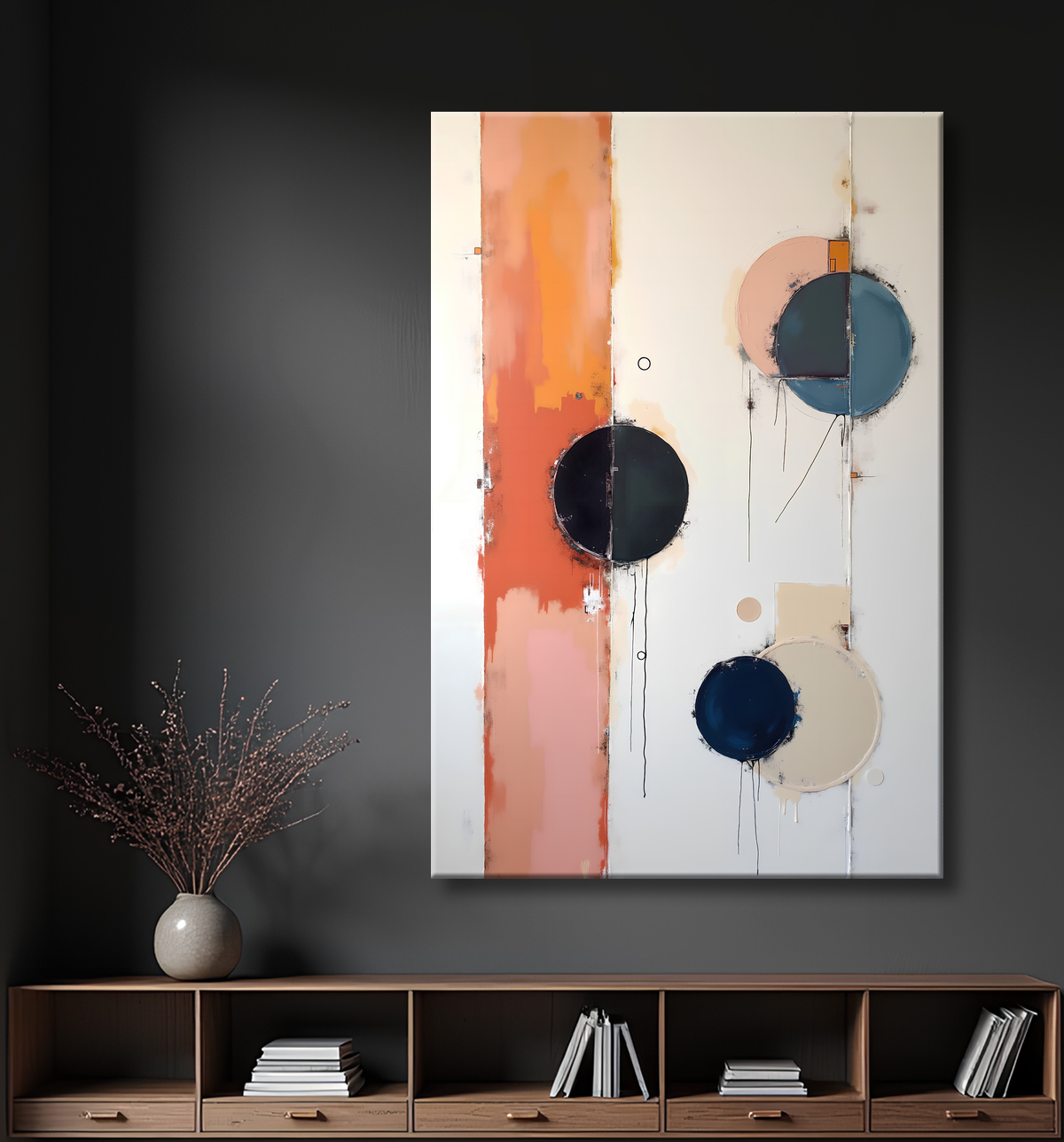 Tableau abstrait géométrique minimaliste aux teintes claires avec decor
