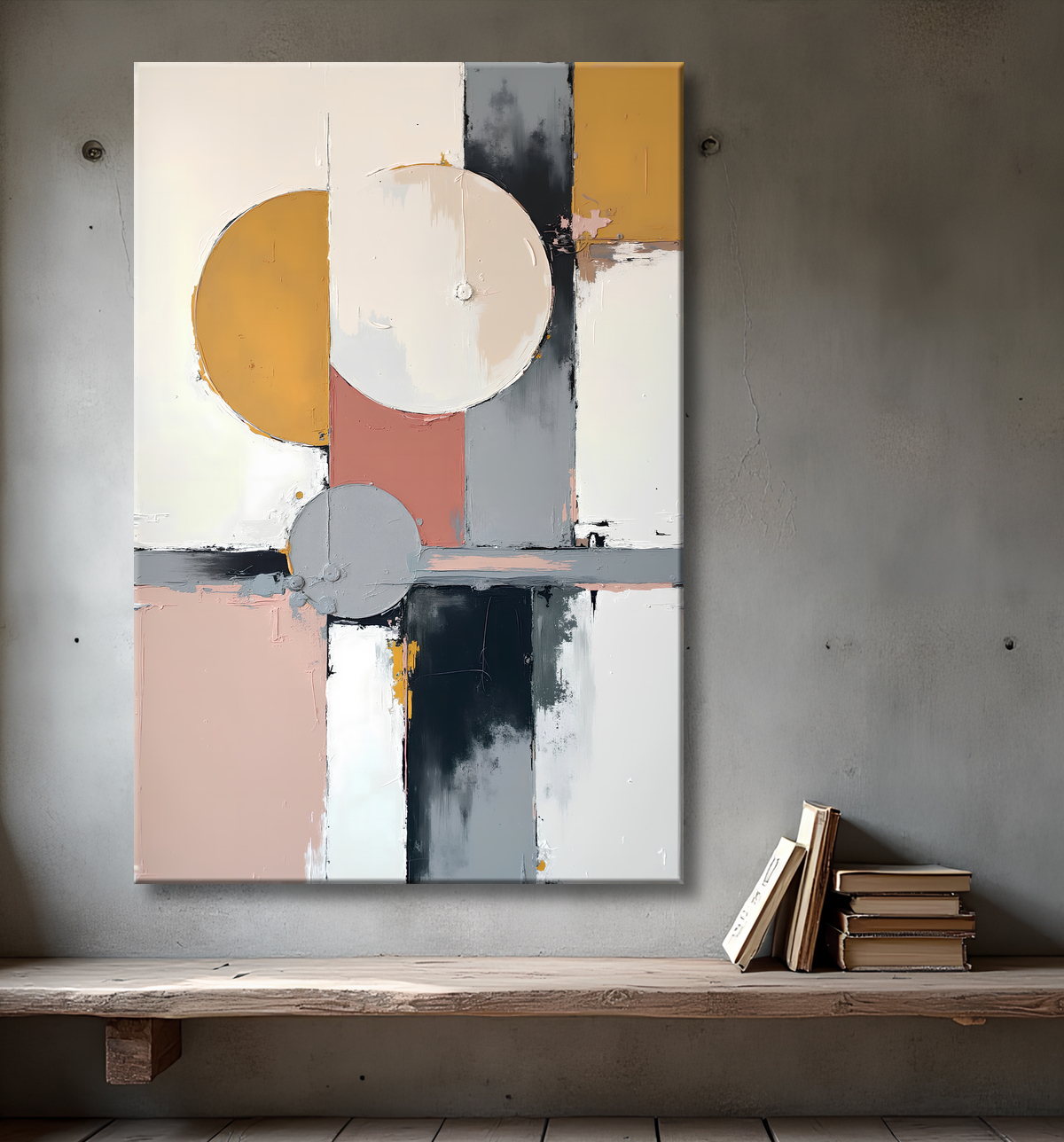 Tableau abstrait géométrique minimaliste aux teintes claires avec decor
