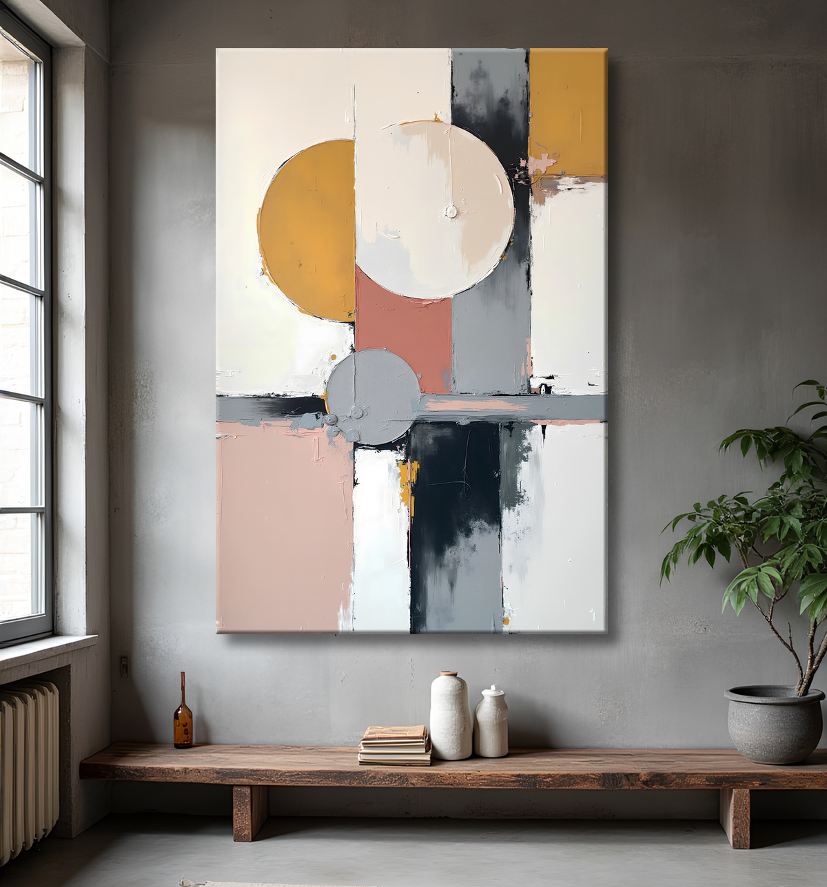Tableau abstrait géométrique minimaliste aux teintes claires avec decor