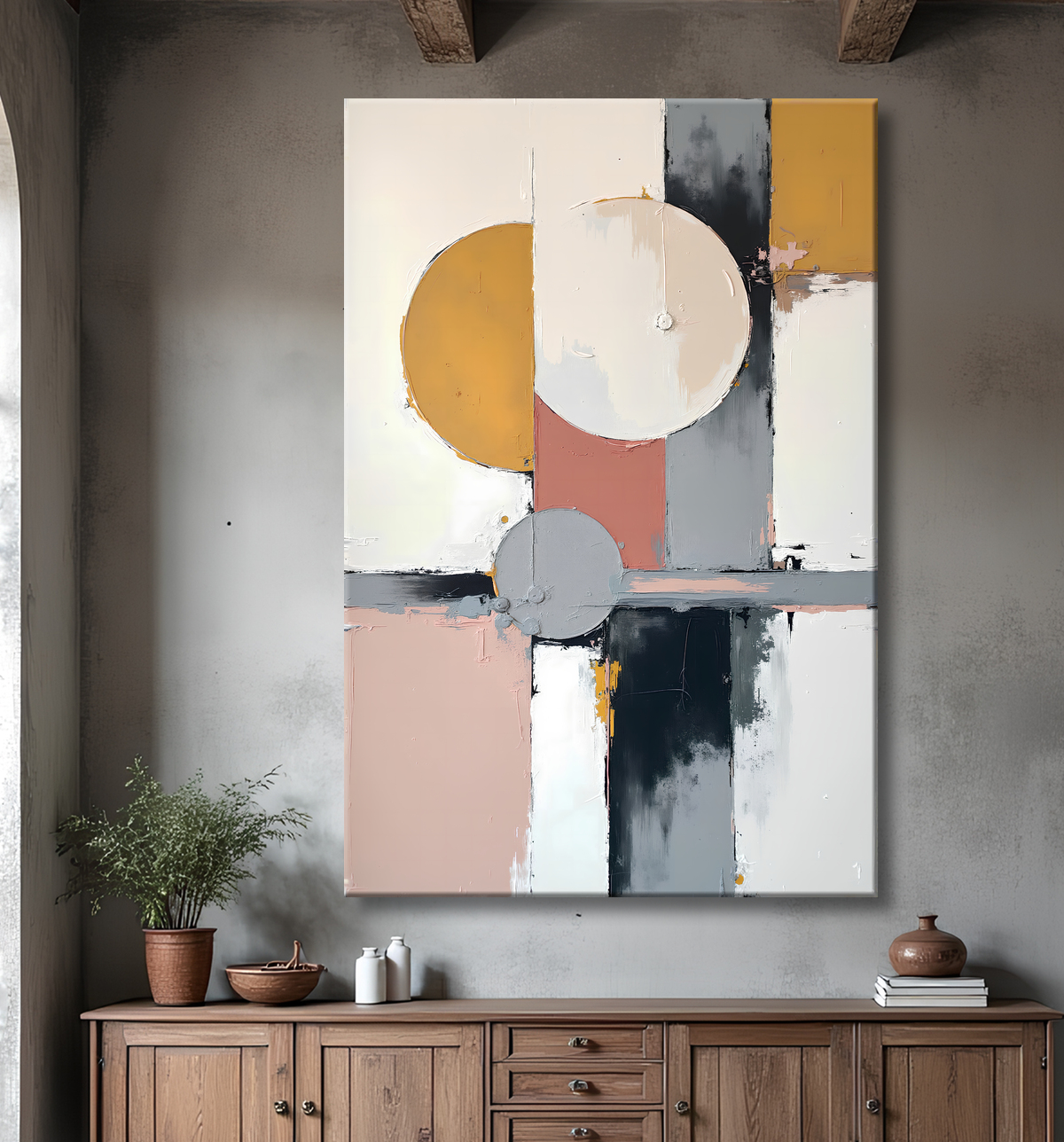 Tableau abstrait géométrique minimaliste aux teintes claires avec decor