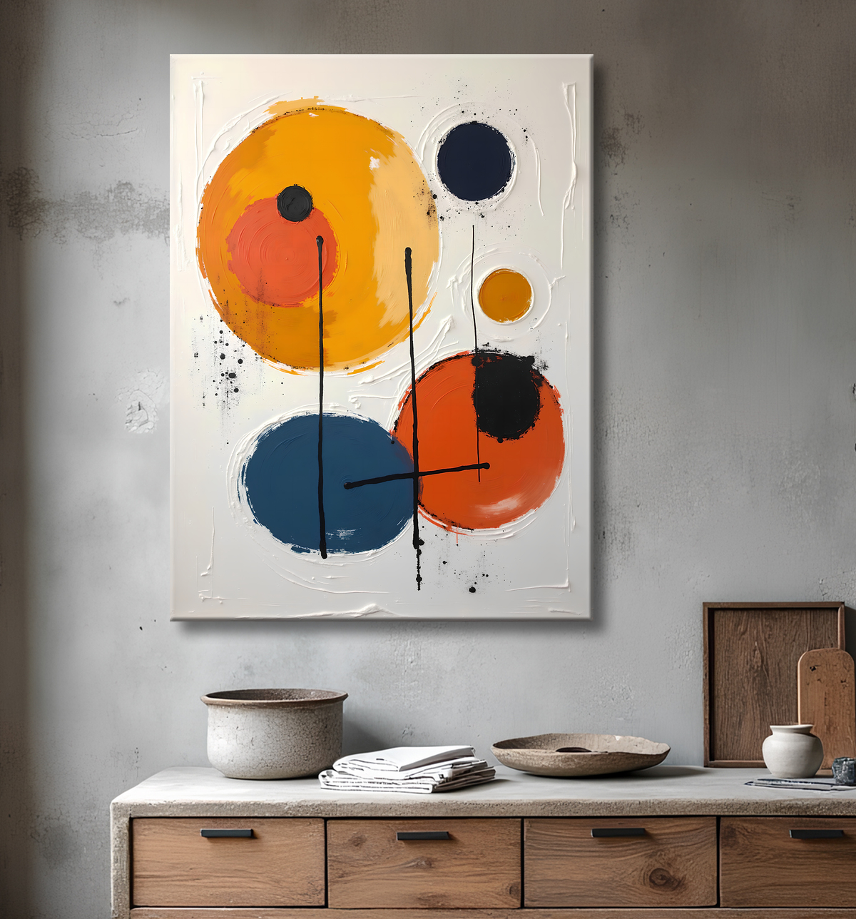 Tableau abstrait géométrique minimaliste aux teintes claires avec decor