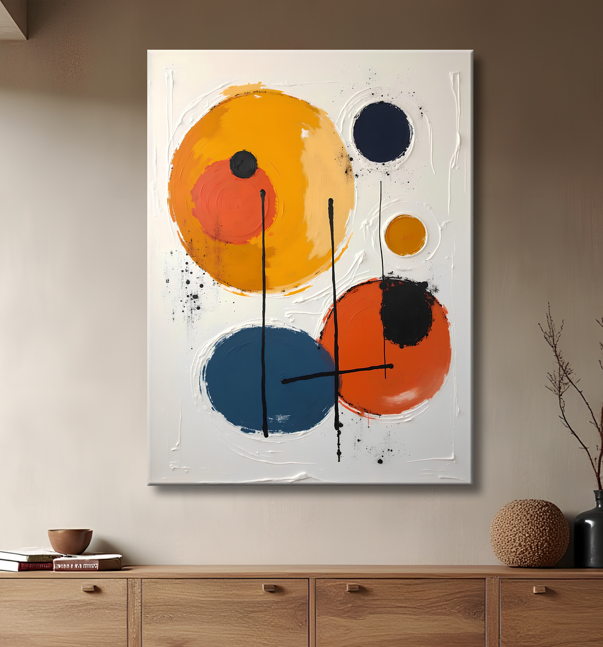 Tableau abstrait géométrique minimaliste aux teintes claires avec decor