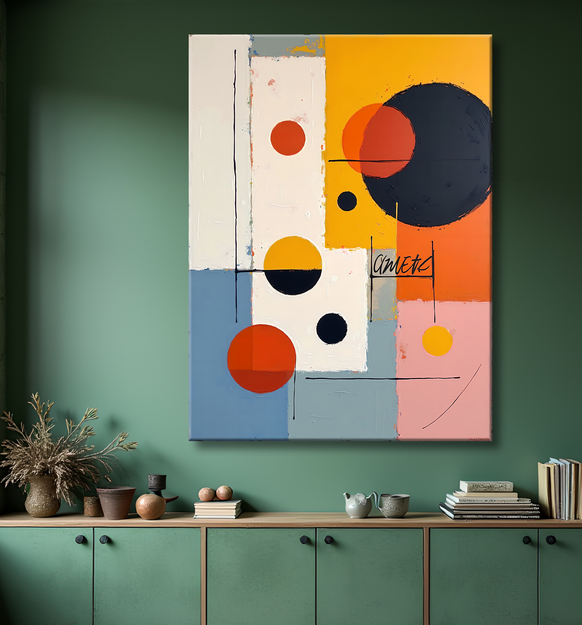 Tableau abstrait géométrique minimaliste aux teintes claires avec decor