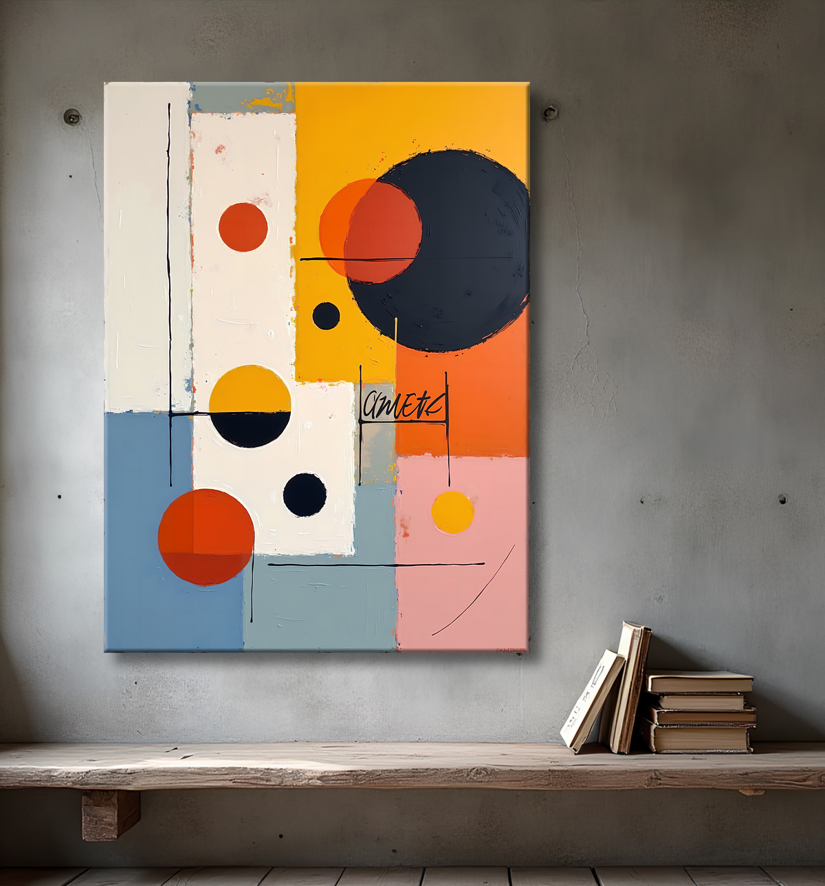 Tableau abstrait géométrique minimaliste aux teintes claires avec decor