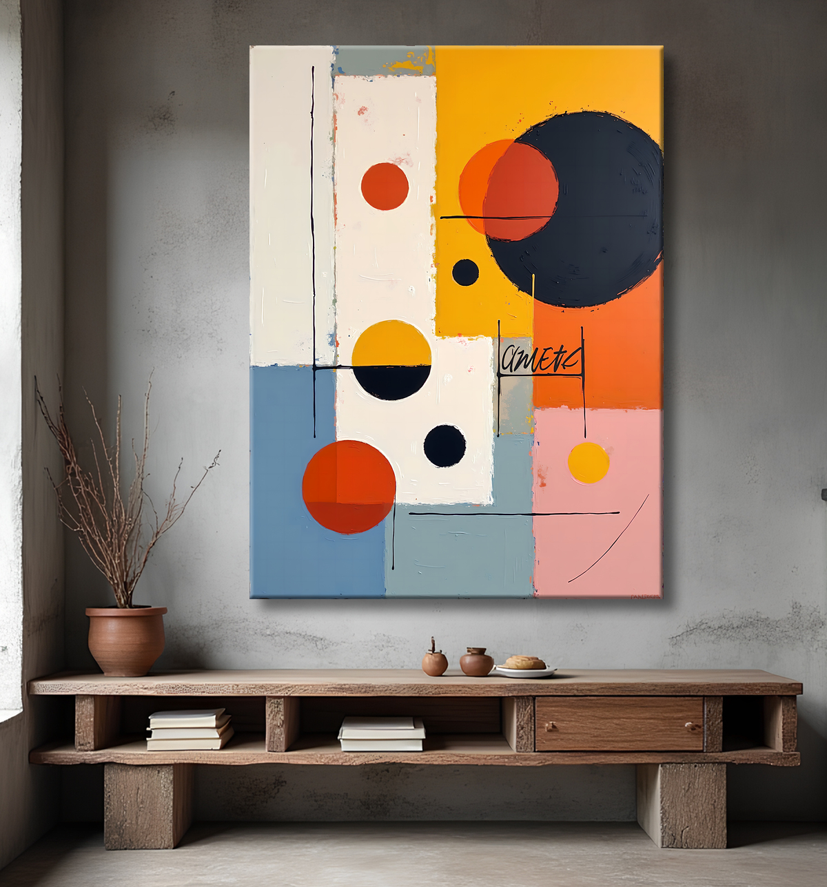 Tableau abstrait géométrique minimaliste aux teintes claires avec decor